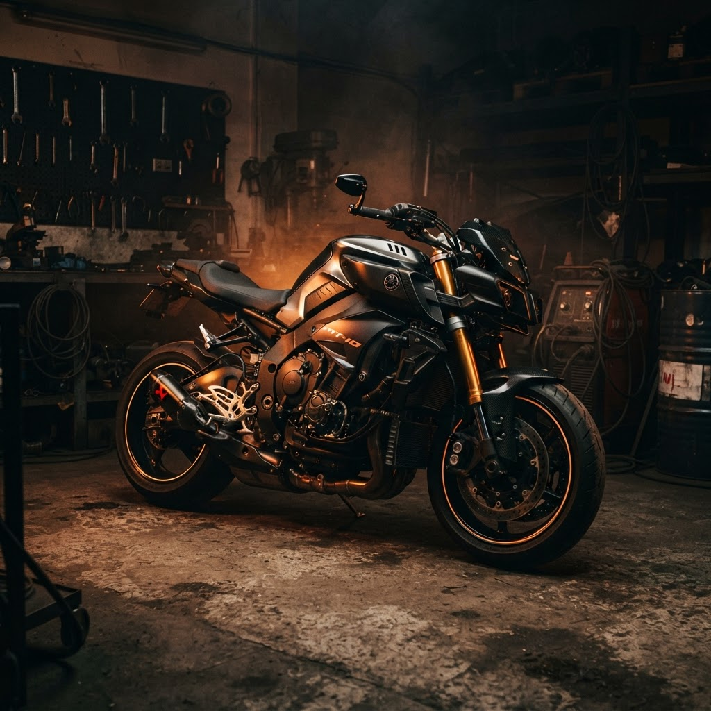 Motocicleta esportiva em oficina com iluminação cinematográfica
