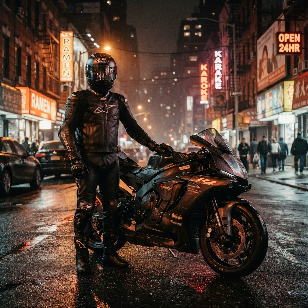 Motociclista com sua moto ao entardecer
